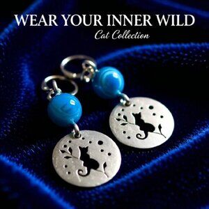 Unique & Handmade! OOAK Ocean Blue Agate Cat Lover Earrings